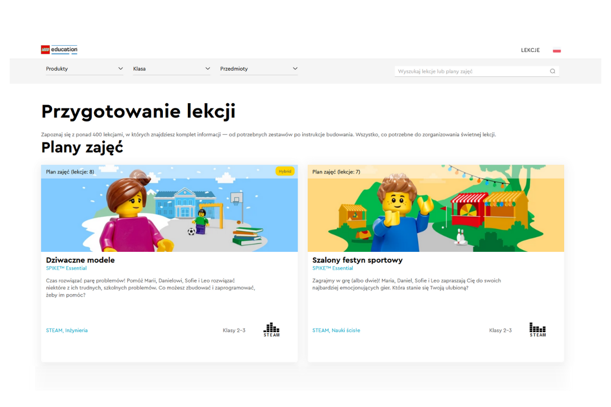 strona scenariuszy zajęć w witrynie lego education z przykładowymi lekcjami