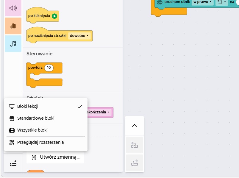 Ustawienia bloków do kodowania w Coding CanvasLEGO® Education Informatyka i AI