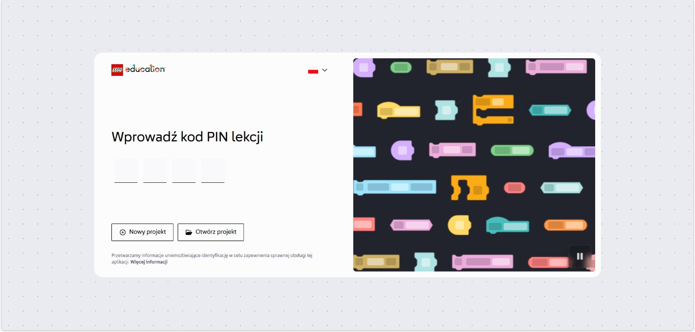Coding Canvas LEGO® Education Informatyka i AI wpisywanie kodu PIN do lekcji